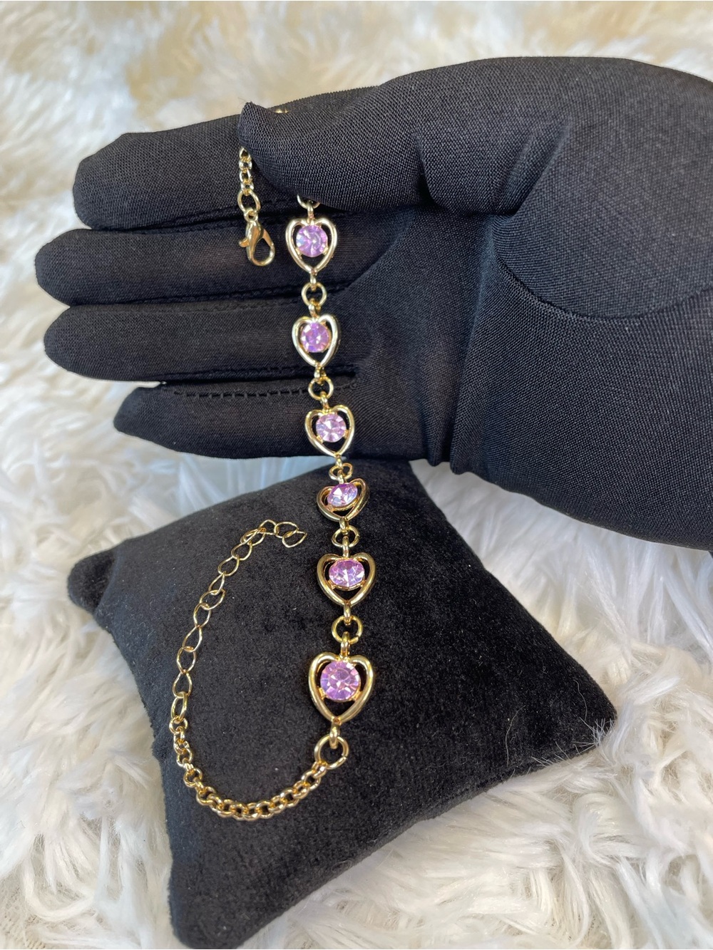 Gold-Toned Heart Bracelet with Pink Crystal Accents